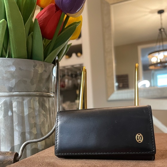 Cartier Black Leather Key Holder with Gold Cartier Emblem